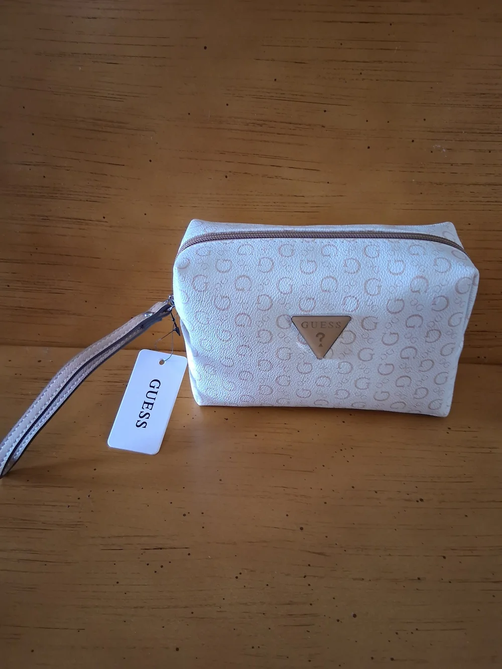 GUESS Cream Cosmetic Wristlet with Taupe Logo Trim